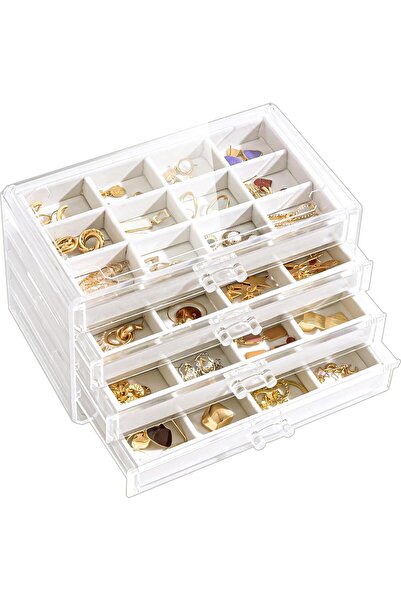 Lolalet صندوق منظم مجوهرات أكريليك شفاف مع أدراج، أبيض دافئ، 4 طبقات