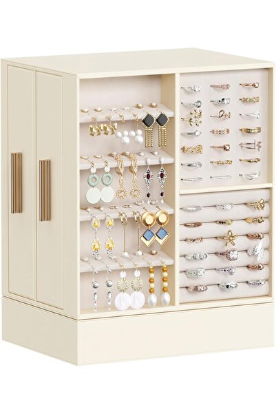 Lifewit 360° Rotating Jewelry Box with Mirror, 6-Drawer Organizer - Creamy