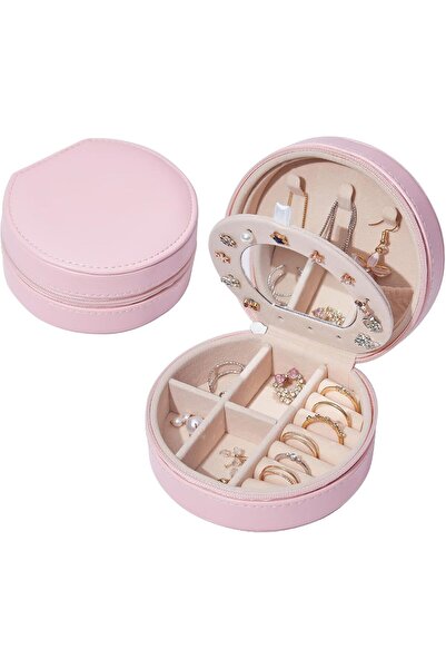 Taokey صندوق مجوهرات صغير للسفر من الجلد الصناعي باللون الوردي (دائري)