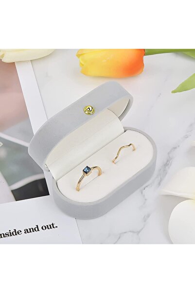 Khazna Velvet Ring Box - Oval Vintage Holder, Light Grey (Holds 2 Rings)