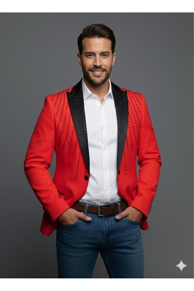 Plus Scorpion Jachetă neagră pentru bărbați cu rever din satin cu pietre aplicate – Design special, elegant, pentru mire și combinație de seară