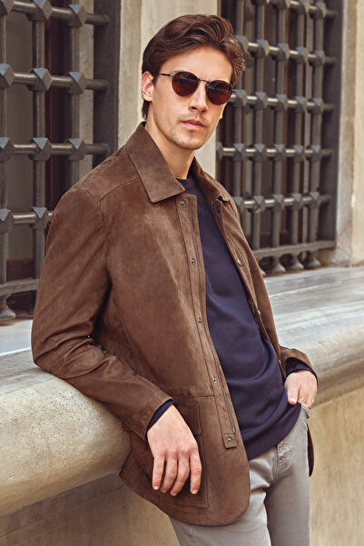 Derimod Salah Men's Tan Shirt Collar Suede Leather Jacket 25Wgd658510