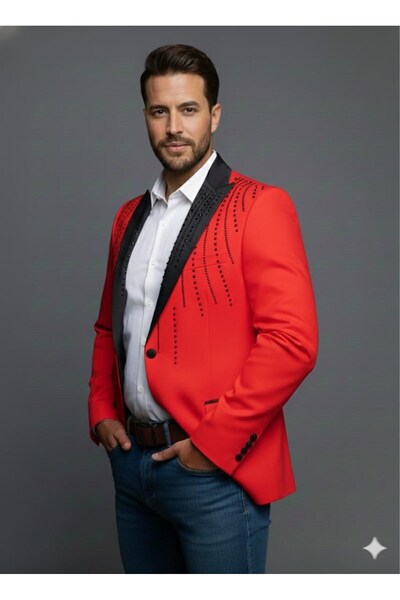 Plus Scorpion Jachetă neagră pentru bărbați cu rever din satin cu pietre aplicate – Design special, elegant, pentru mire și combinație de seară