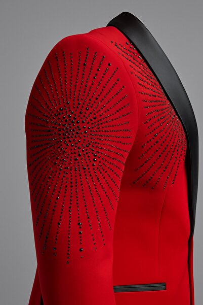 Plus Scorpion Jachetă neagră pentru bărbați cu rever din satin cu pietre aplicate – Design special, elegant, pentru mire și combinație de seară