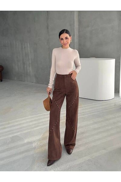 Femaura Pantolon - FM0172 Zımba Detaylı Süet Kadın Pantolon