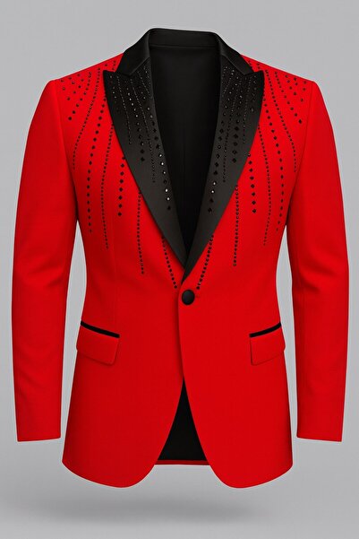 Plus Scorpion Jachetă neagră pentru bărbați cu rever din satin cu pietre aplicate – Design special, elegant, pentru mire și combinație de seară