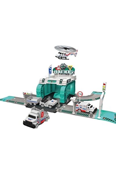 Toy Parking playset with helicopter, emergency vehicles and play map, 37 pieces