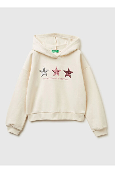 Benetton United Colors of Krem - Pembe Kız Çocuk Payetli Sweatshirt 39M2C205E