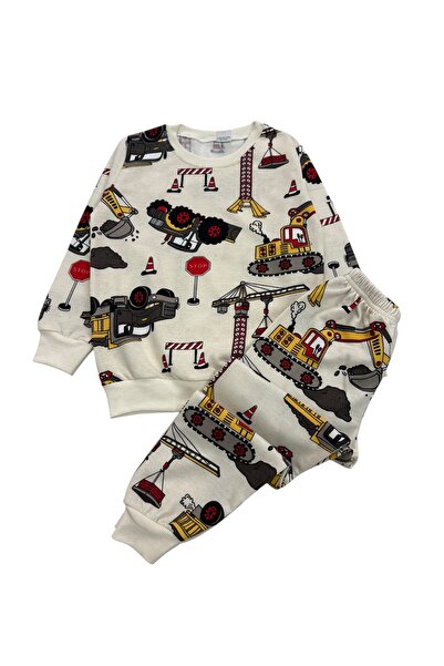 Şekerkids Boy's Cotton Two-Thread Sh Fleece-Lined Cream Color Work Machine Patterned Pajama Set