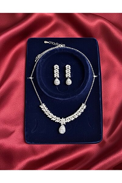 EFSU BİJUTERİ Çelik Zirkon Taşlı Çiçek Model Su Yolu Kolye Ve Küpe Seti