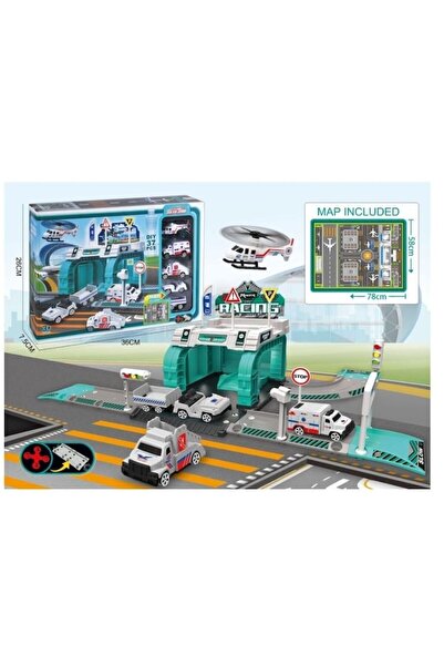 Toy Parking playset with helicopter, emergency vehicles and play map, 37 pieces