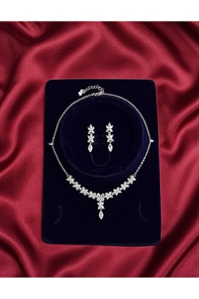 EFSU BİJUTERİ Çelik Zirkon Taşlı Zarif Çiçek Model Su Yolu Kolye Ve Küpe Seti