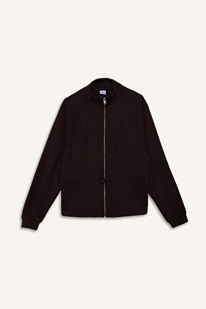 DeFacto Standard Fit Mock Neck Zippered Elastic Waist Soft Fuzzy Inside Modal Cardigan G4368Ax25Wn