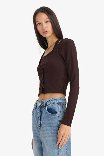 DeFacto Halter Neck Layered Ribbed Long Sleeve T-Shirt G3668Ax25Wn