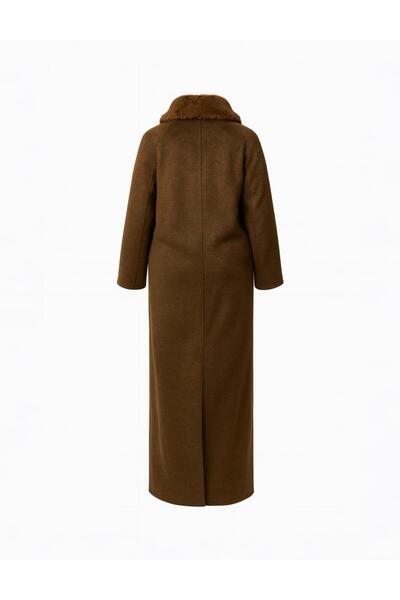 Kayra Long Cashmere Coat with Fur Collar Dark Brown
