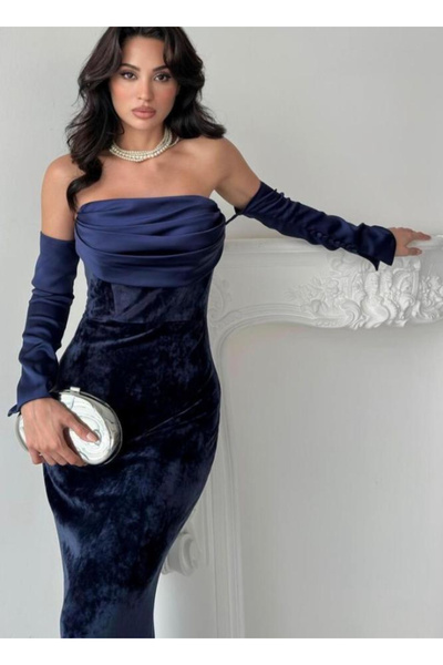 MODA DRESSES Korean velvet women's dress, two-tone, taffeta bodice and mikado