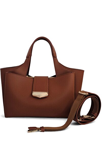 Evident Tan Lock Detailed Soft Textured Multi-Compartment Women's Hand and Crossbody Shoulder Bag