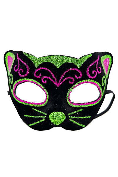 Skygo Black Velvet Coated Cat Mask with Pink Green Glitter Embroidery 20X13 cm
