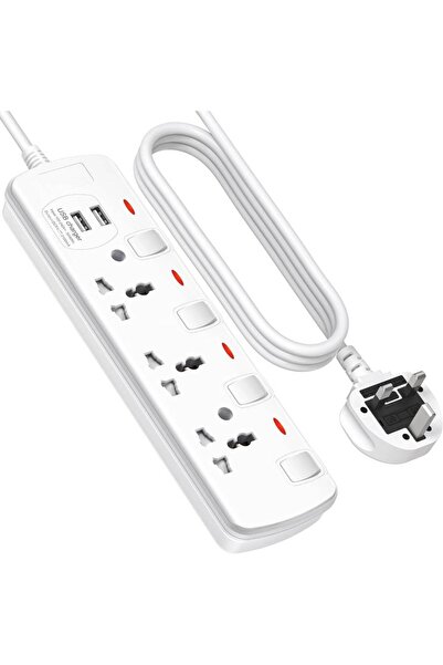 HYX سلك تمديد مع USB، شريط طاقة ثلاثي الاتجاهات، منفذي USB، كابل بطول 2 متر