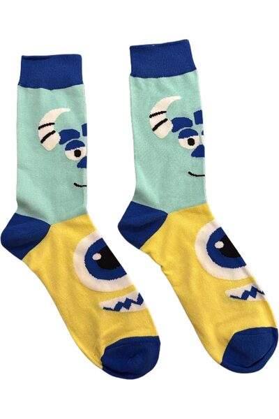 golden pineapple Cartoon Socks with Playful Characters - Blue, Yellow & Light Green, Comfortable Cotton