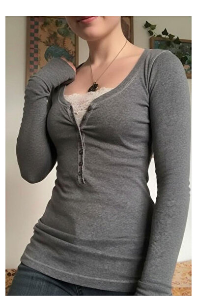 Köstebek Button Detailed Lace Henley Neck Long Sleeve Blouse