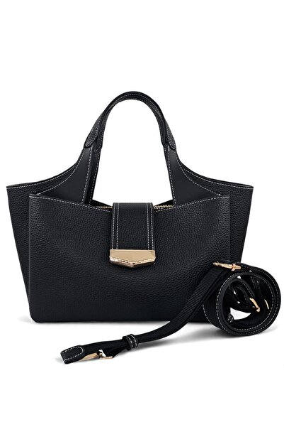 Evident Black Lock Detailed Soft Textured Multi-Compartment Women's Hand and Crossbody Shoulder Bag