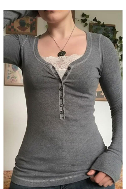 Köstebek Button Detailed Lace Henley Neck Long Sleeve Blouse