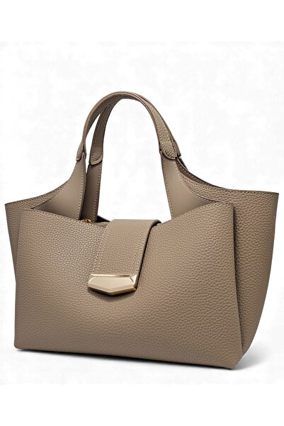 Evident Sand Beige Lock Detailed Soft Textured Multi-Compartment Women's Hand and Crossbody Shoulder Bag