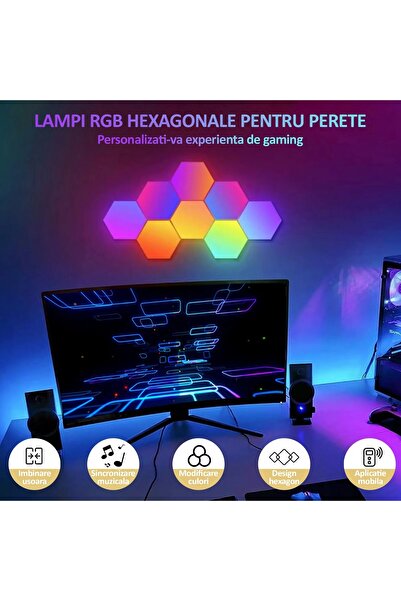 LEDIGANT Set 8 lămpi LED RGB hexagonale modulare, perete, app/telecomandă, muzică, timer, reglaj