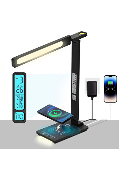 LEDIGANT Lampă birou LED cu protecție ochi, ceas, termometru, încărcare wirel...