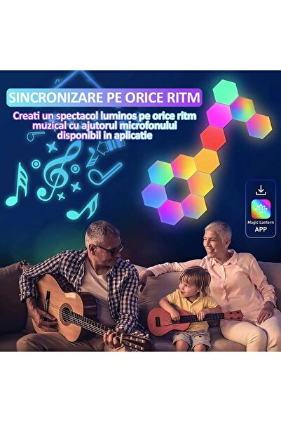 LEDIGANT Set 8 lămpi LED RGB hexagonale modulare, perete, app/telecomandă, muzică, timer, reglaj
