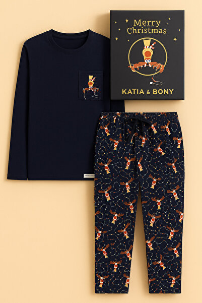 Katia&Bony Men's Deer Patterned Boxed New Year's Pajama Set Navy Blue