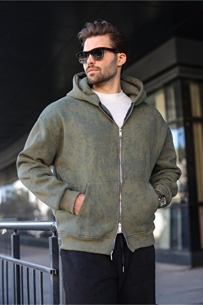 Madmext Khaki Double-Zip Tie-Dye Patterned Men's Cardigan E7175