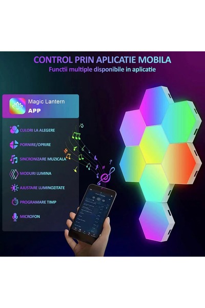 LEDIGANT Set 8 lămpi LED RGB hexagonale modulare, perete, app/telecomandă, muzică, timer, reglaj