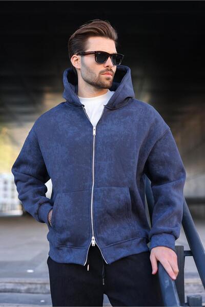 Madmext Navy Blue Double Zipper Tie-Dye Patterned Men's Cardigan E7175