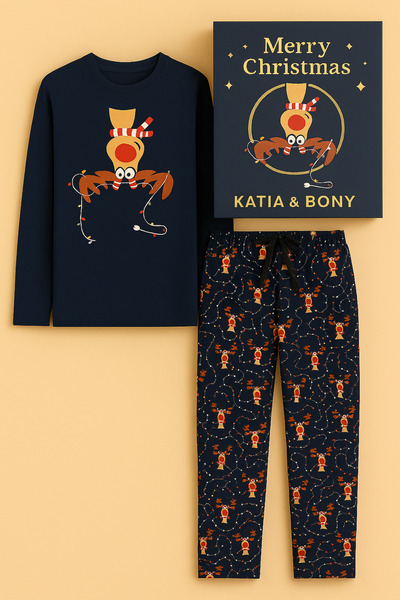 Katia&Bony Children's Deer Patterned Boxed New Year's Pajama Set Navy Blue