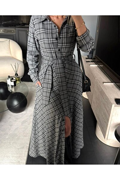 Afiş Butik Gray Women's Plaid Patterned Belted Buttoned Long Dress