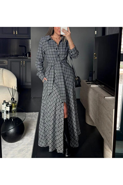 Afiş Butik Gray Women's Plaid Patterned Belted Buttoned Long Dress