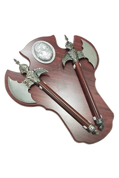 Ems Set of 2 Axes on a wooden stand, decorative, wall-mounted, panoply