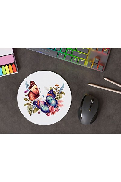 Renkli Kelebek Desenli Yuvarlak Mouse Pad
