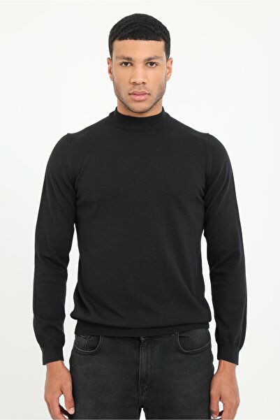 Dufy Siyah Yarım Balıkçı Düz Regular Fit Erkek Triko