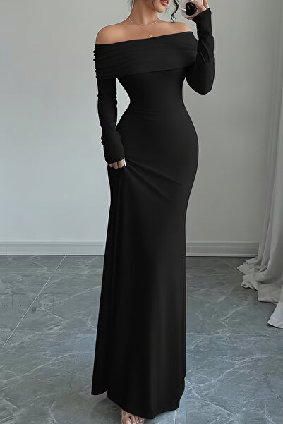 Deafox Black Madonna Collar Long Sleeve Backless Crepe Fabric Long Dress