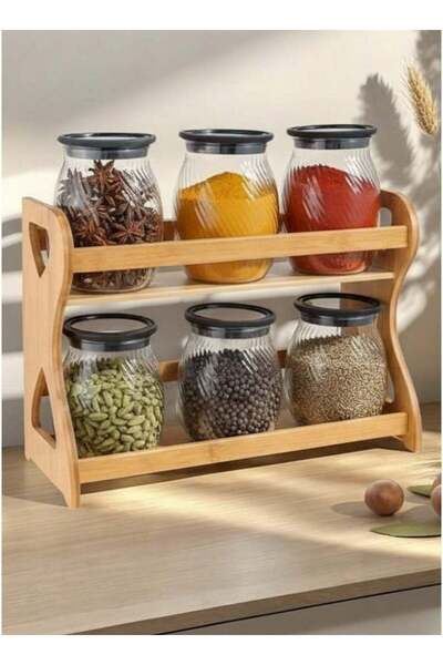 ALQANNAS 6-piece glass spice container, two-tiered, with a sturdy wooden stand.