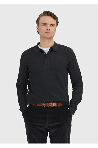 Ramsey Anthracite Polo Neck Jacquard Wool Blend Knit Sweater