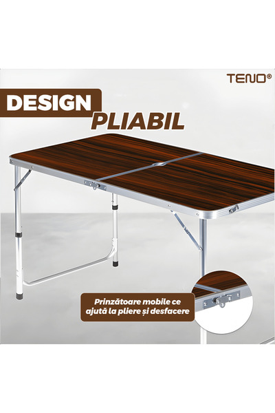 Teno ® Folding Camping Table, durable, adjustable height, 120 x 60 cm, brown