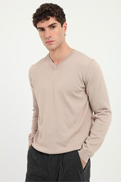 Dufy Bej V Yaka Regular Fit Düz Erkek Triko