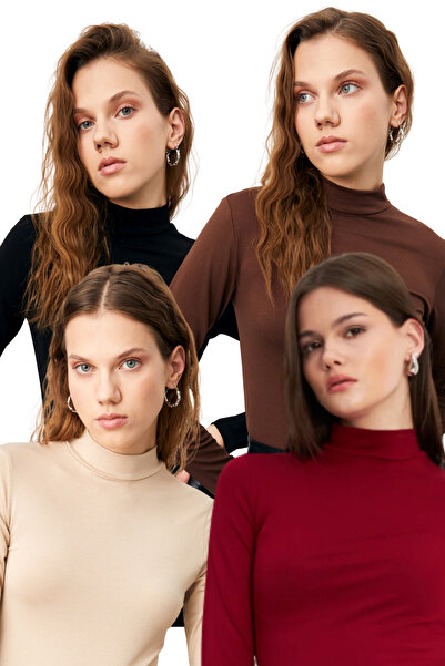 Bipantolon Women's Black Cream Bitter Brown Burgundy 4-Piece Half Turtleneck Basic Bodysuit