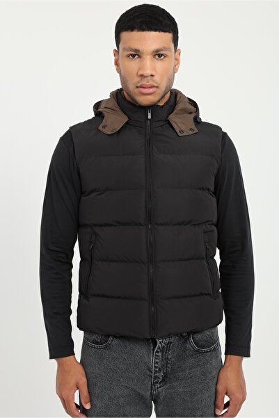 Dufy Siyah Slim Fit Şişme Kapüşonlu Erkek Yelek Mont