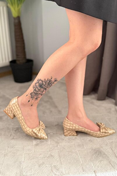 asmi shoes Women's Mila Beige Crocodile Bow 3.5 cm Block Heel Stiletto / Shoes