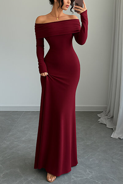 Deafox Burgundy Madonna Collar Long Sleeve Backless Crepe Fabric Long Dress
